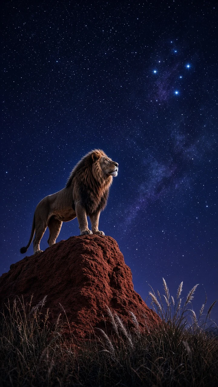 Subtle Moonlight Nocturnal Wildlife Study of Lion on Termite Mound