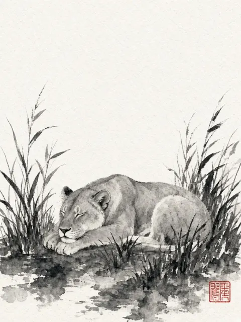 East Asian Sumi-e Ink Wash Painting of Resting Lioness