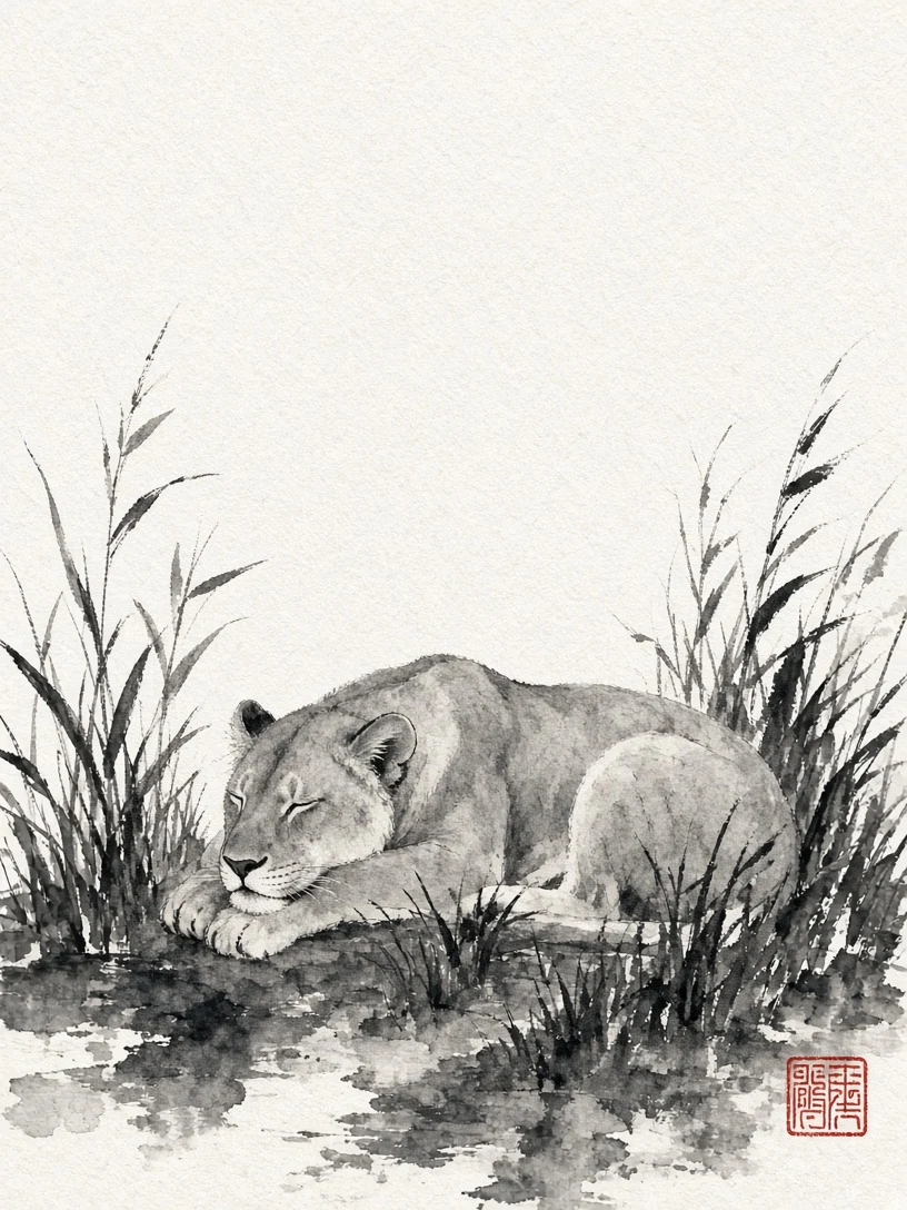 East Asian Sumi-e Ink Wash Painting of Resting Lioness