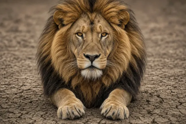 Direct Frontal Close-Up of Regal Male Lion with Dark Mane