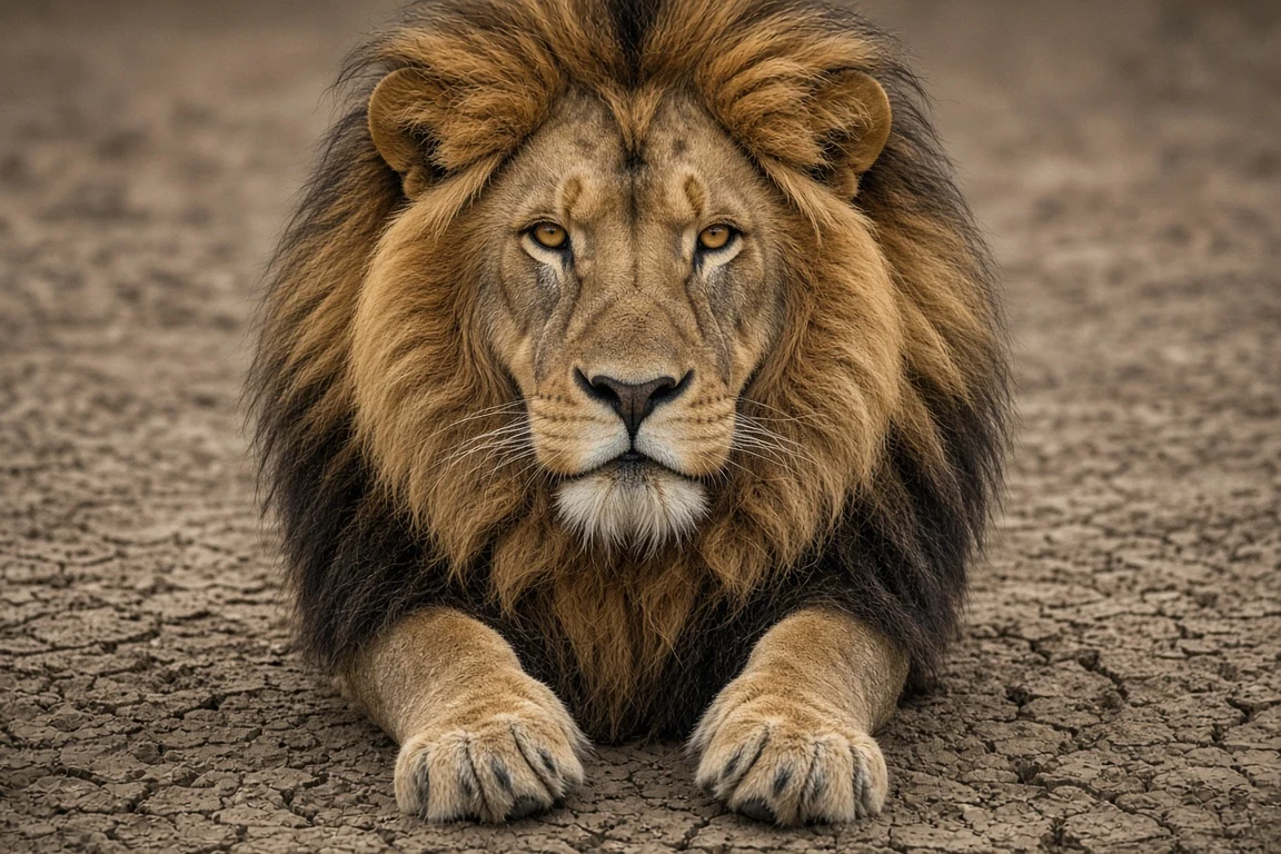Direct Frontal Close-Up of Regal Male Lion with Dark Mane