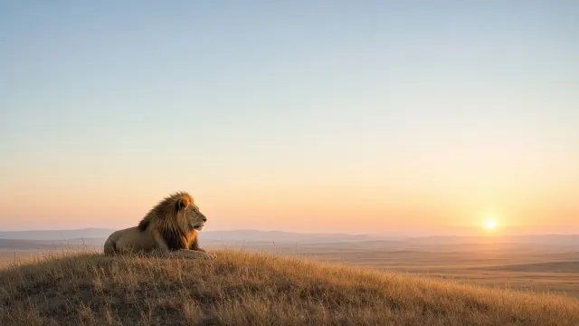 Solitary Lion Resting on Golden Ridge Under Expansive Dawn Sky