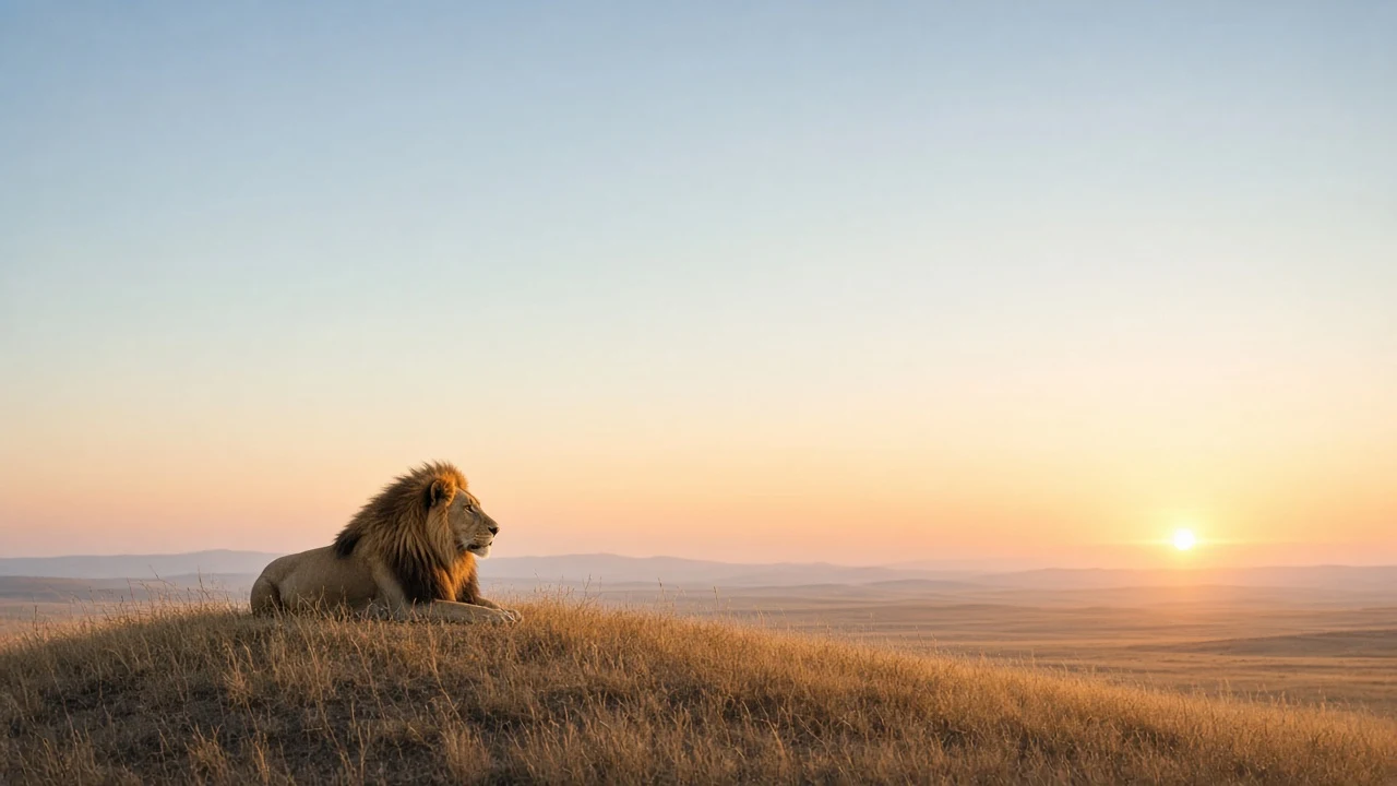 Solitary Lion Resting on Golden Ridge Under Expansive Dawn Sky