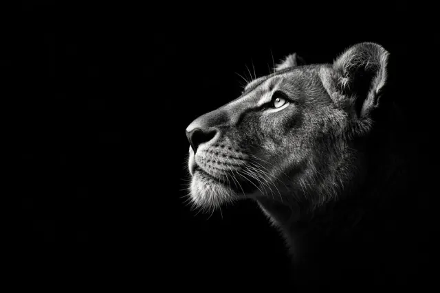 Monochrome Fine-Art Low-Key Chiaroscuro Lioness Portrait