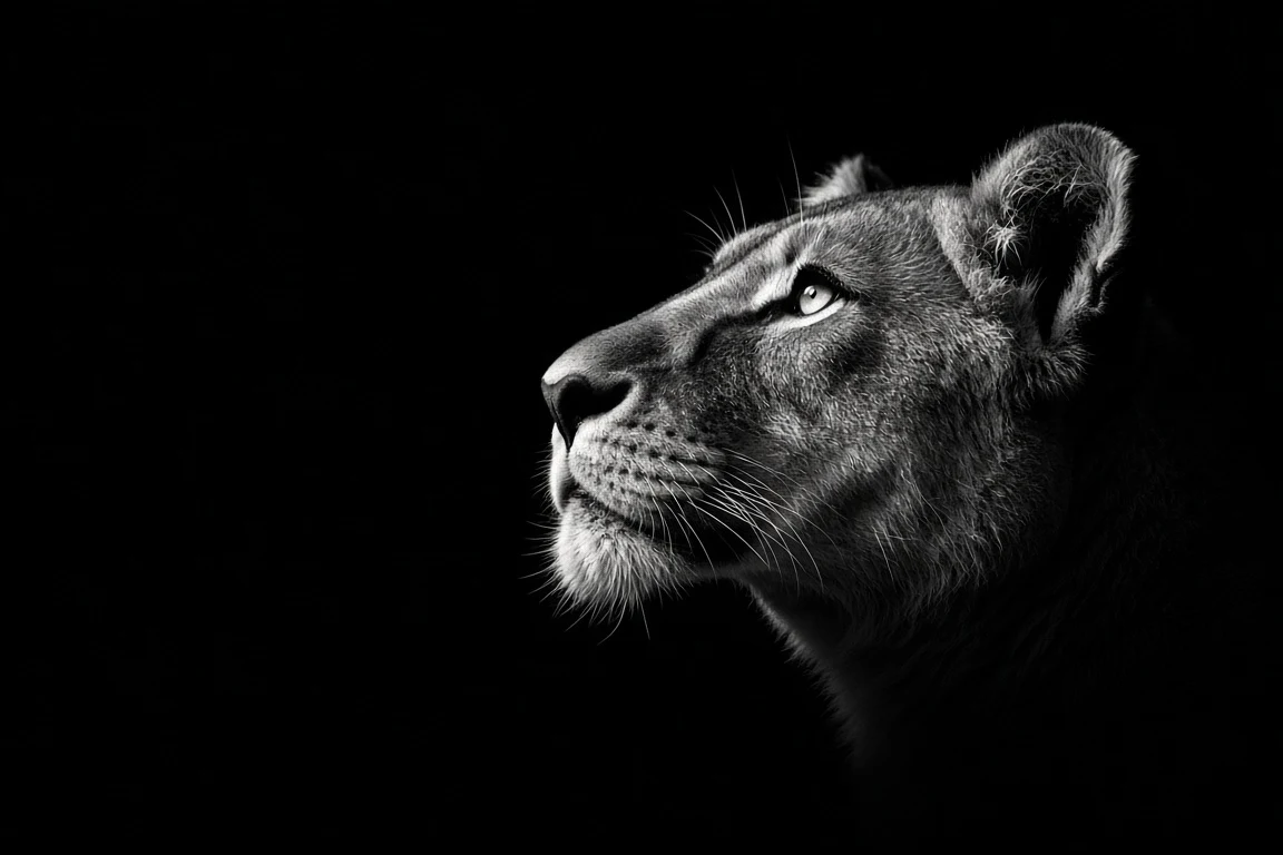 Monochrome Fine-Art Low-Key Chiaroscuro Lioness Portrait
