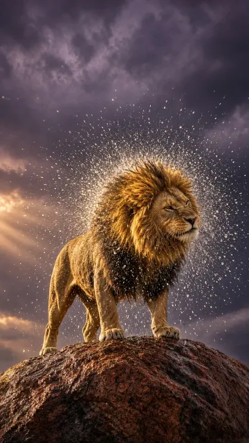 Vigorous Lion Shaking Rainwater from Mane in Post-Storm Sun