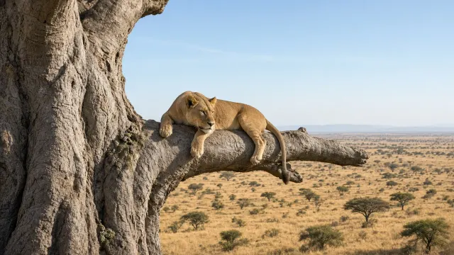 Lioness Lounging on Low Baobab Branch Against Clean Morning Sky