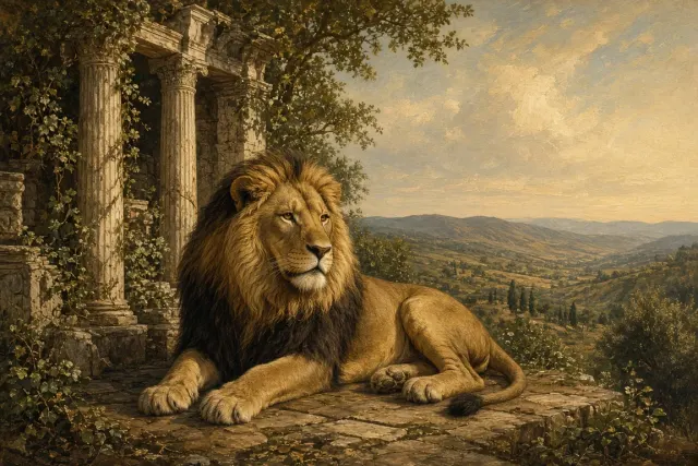 Classical Renaissance Oil Painting of Lion Resting by Ancient Ruins