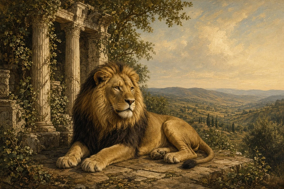 Classical Renaissance Oil Painting of Lion Resting by Ancient Ruins
