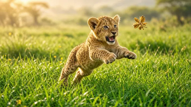 Playful Juvenile Lion Cub Pouncing at Floating Golden Seed Pod