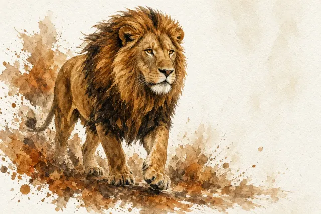 Modern Watercolor and Gouache Stride Study of Male Lion