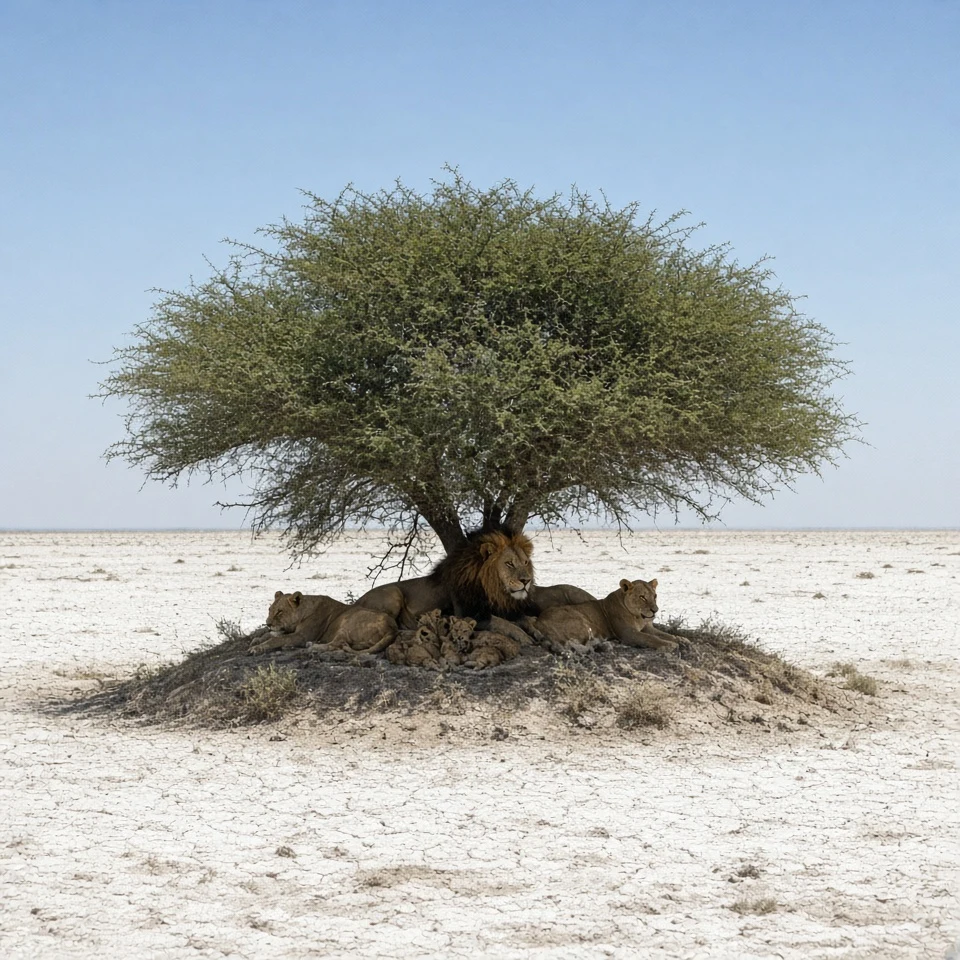 Lion Family Midday Rest Under Shady Thorn Bush on Salt Pan