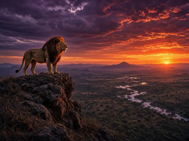 Cinematic Male Lion Overlooking Vast Great Rift Valley at Sunset