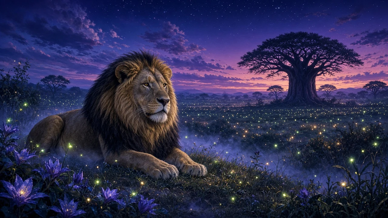Luminescent Digital Painting of Twilight Lion with Ambient Fireflies