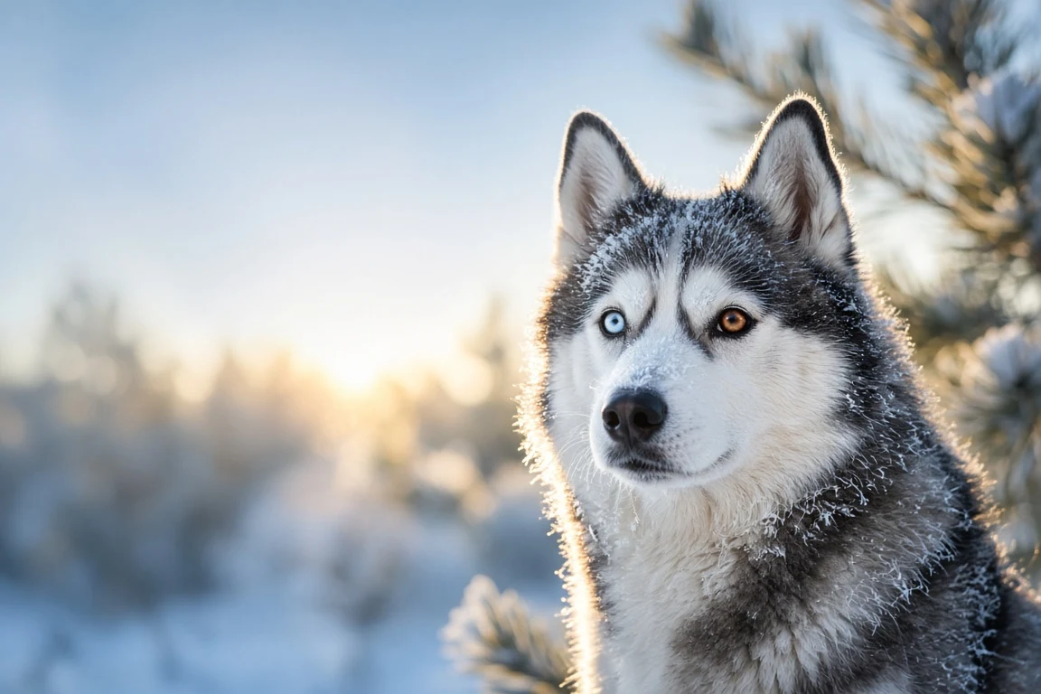 Frost-Kissed Bi-Eyed Siberian Husky in Morning Sun