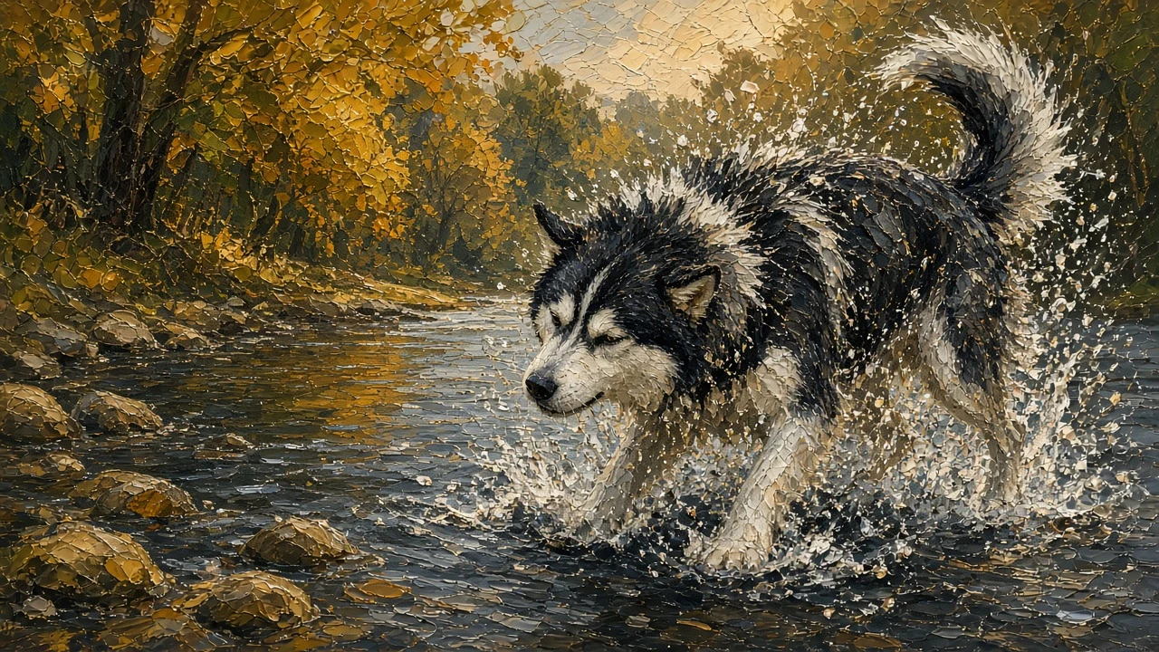 Vibrant Palette Knife Oil Painting of a Husky River Shake