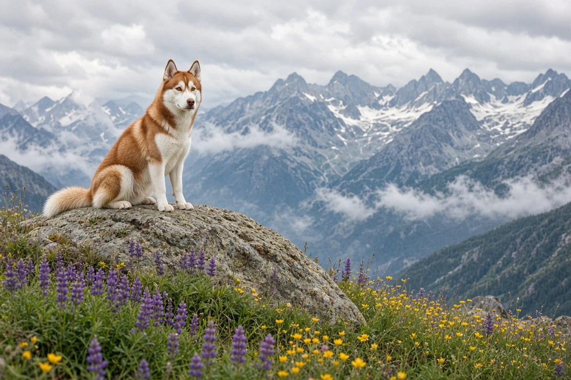 Red Siberian Husky on Alpine Ridge Among Summer Wildflowers