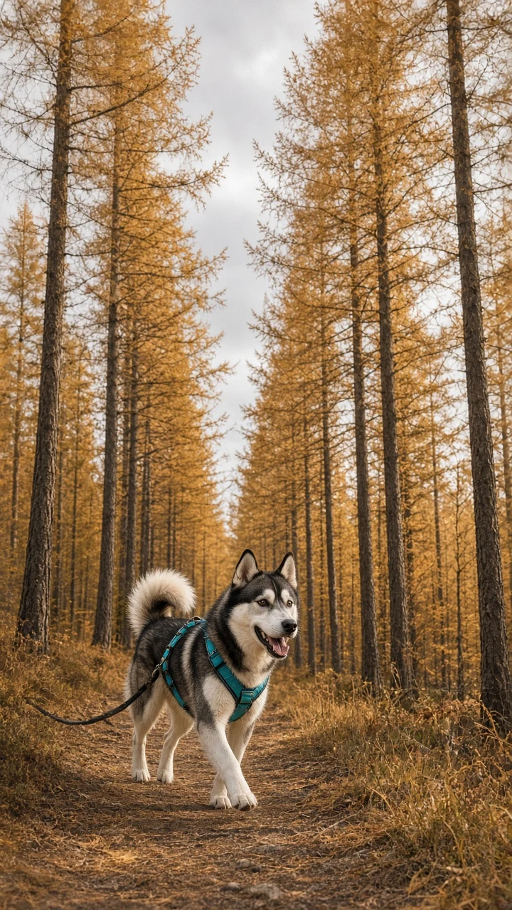 Autumn Dryland Sled Dog Trail Run in Golden Larch Forest