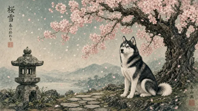 Shin-Hanga Style Woodblock Print of a Husky in Cherry Blossoms