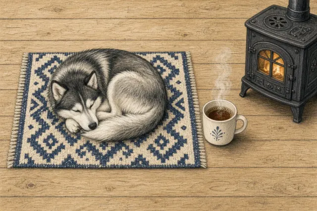 Cozy Scandinavian Husky Swirl on a Geometric Wool Rug