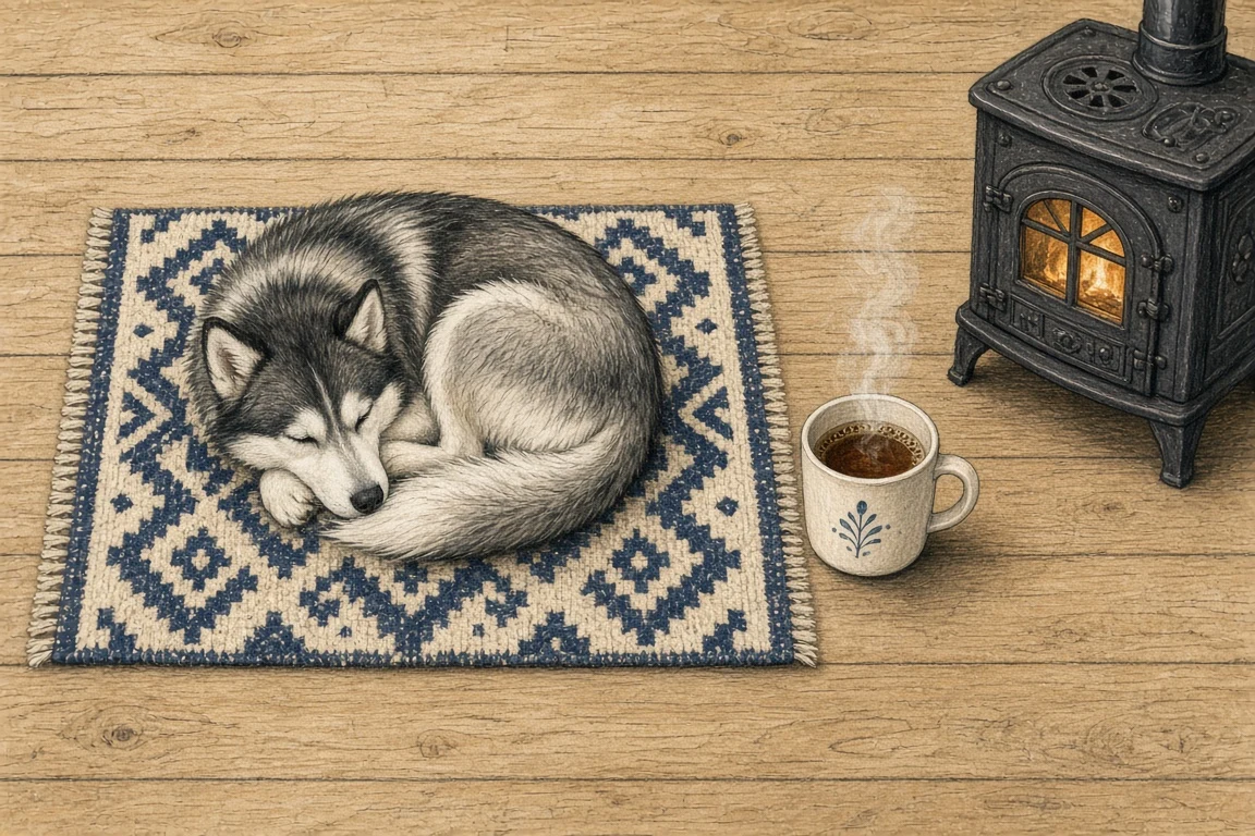 Cozy Scandinavian Husky Swirl on a Geometric Wool Rug