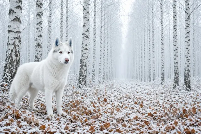 Pure White Siberian Husky in an Icy Silver Birch Grove