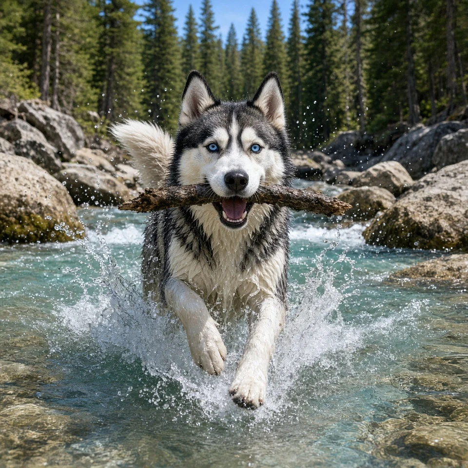 Glacial Mountain River Splash and Playful Fetch