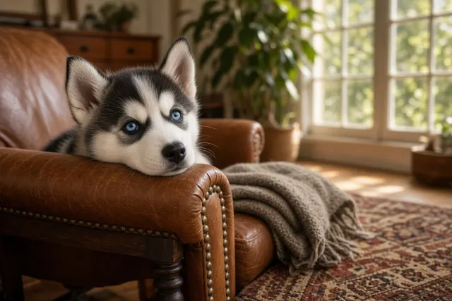 Husky Puppy on Mid-Century Leather Armchair