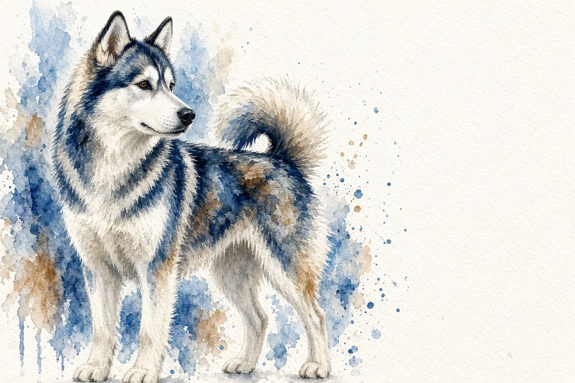 Minimalist Cerulean Watercolor of an Alert Husky