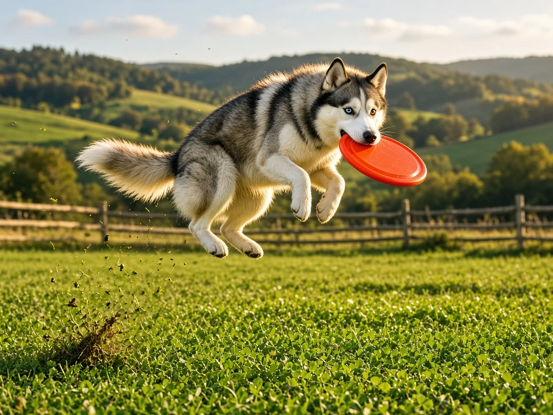 Mid-Air Frisbee Catch in Sunlit Clover Field