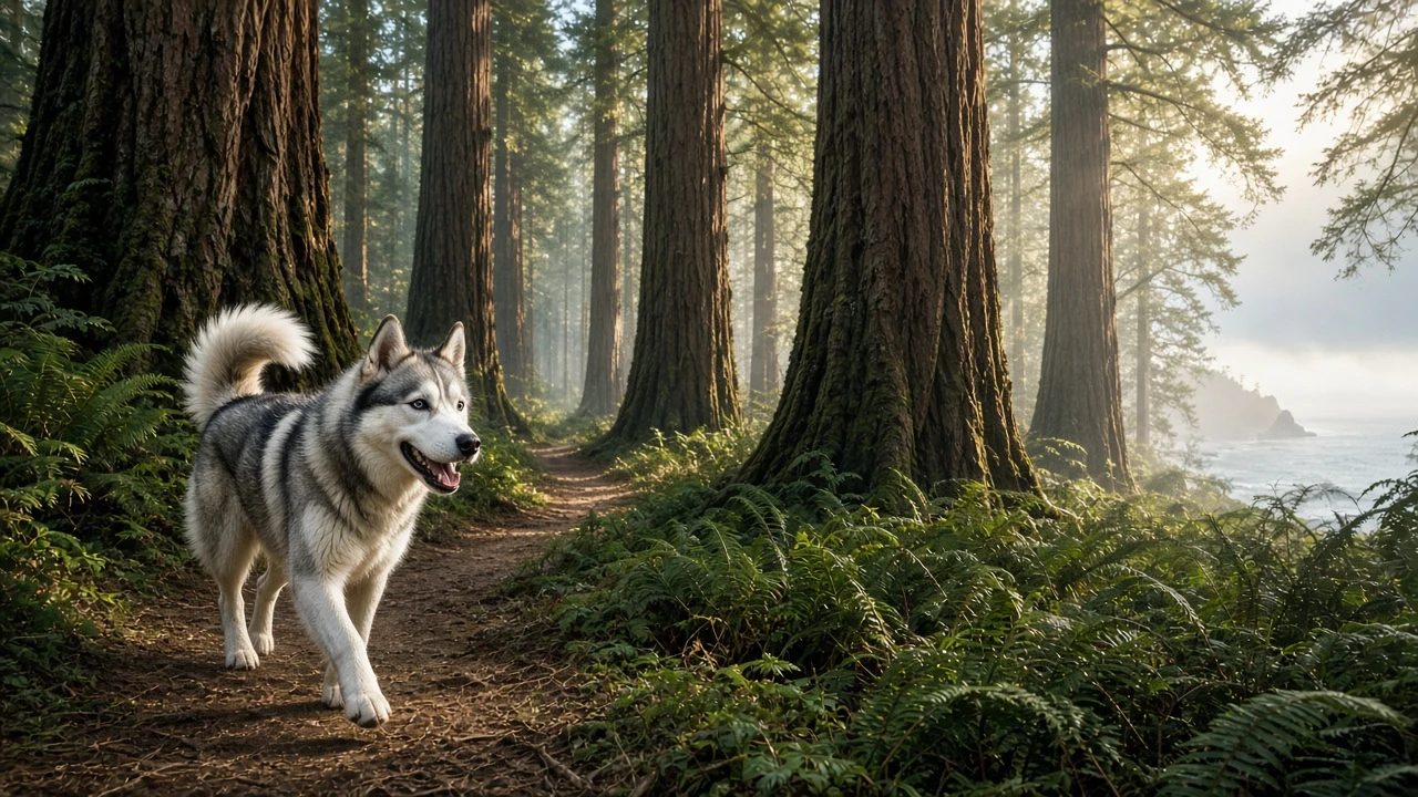 Misty Redwood Trail Trot Vertical Phone Wallpaper