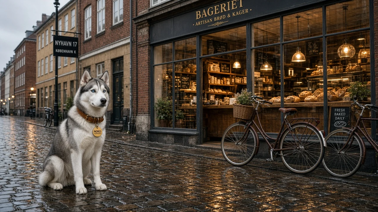 Urban Copenhagen Cafe Waiting Husky in Tan Leather Collar