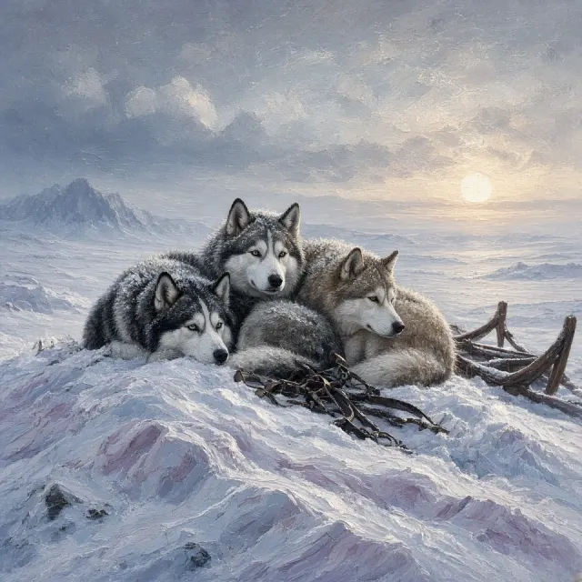 Classic Arctic Expedition Realism Oil of Sled Team Rest