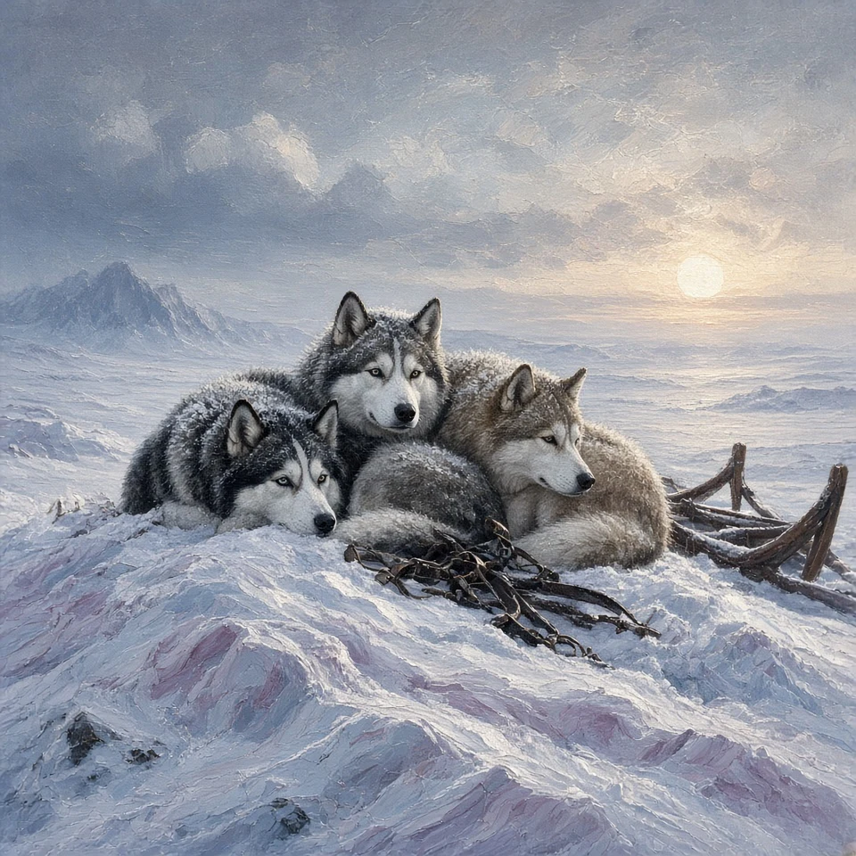 Classic Arctic Expedition Realism Oil of Sled Team Rest