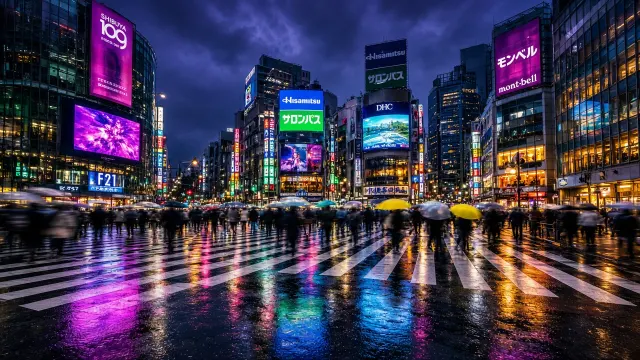 Neon Rain Over Shibuya Crossing at Blue Hour