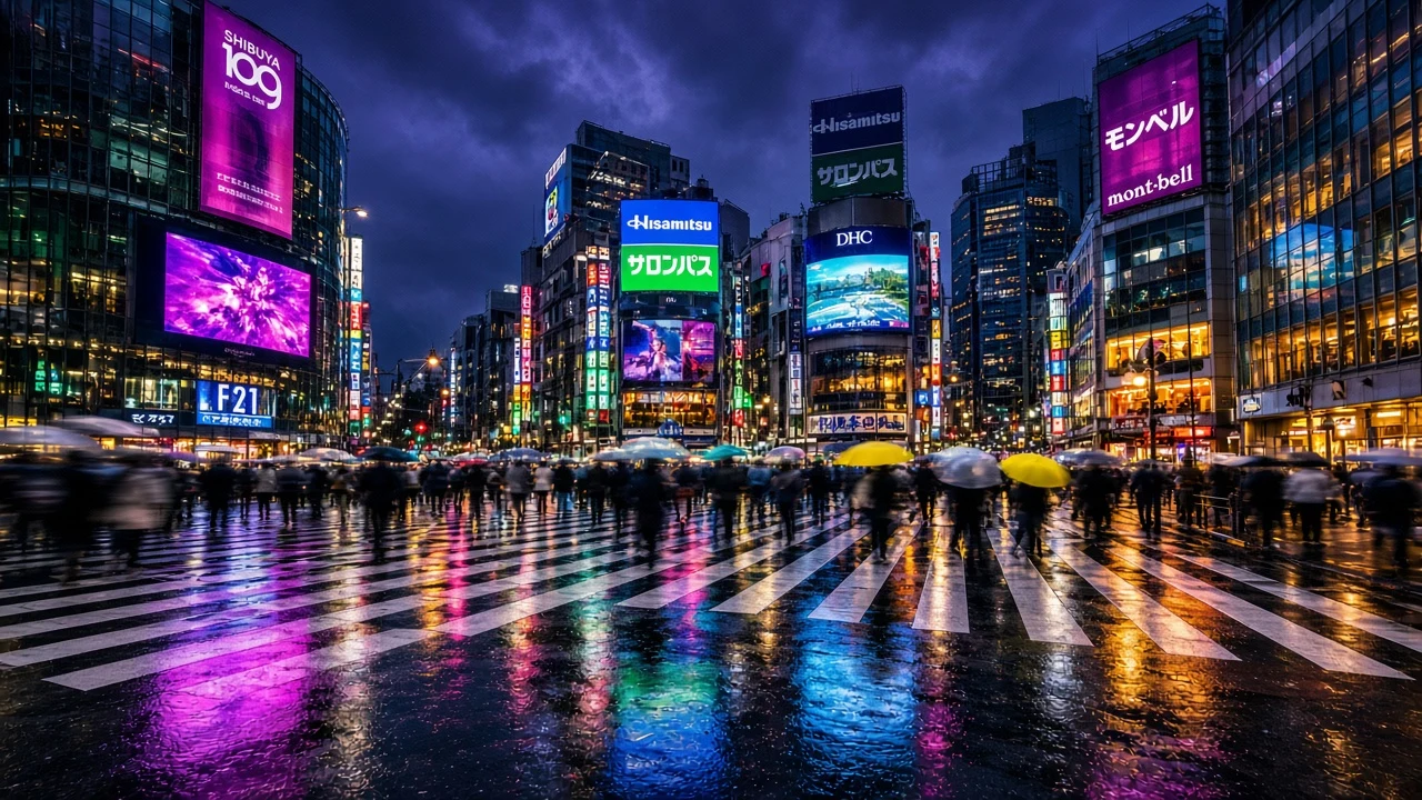 Neon Rain Over Shibuya Crossing at Blue Hour