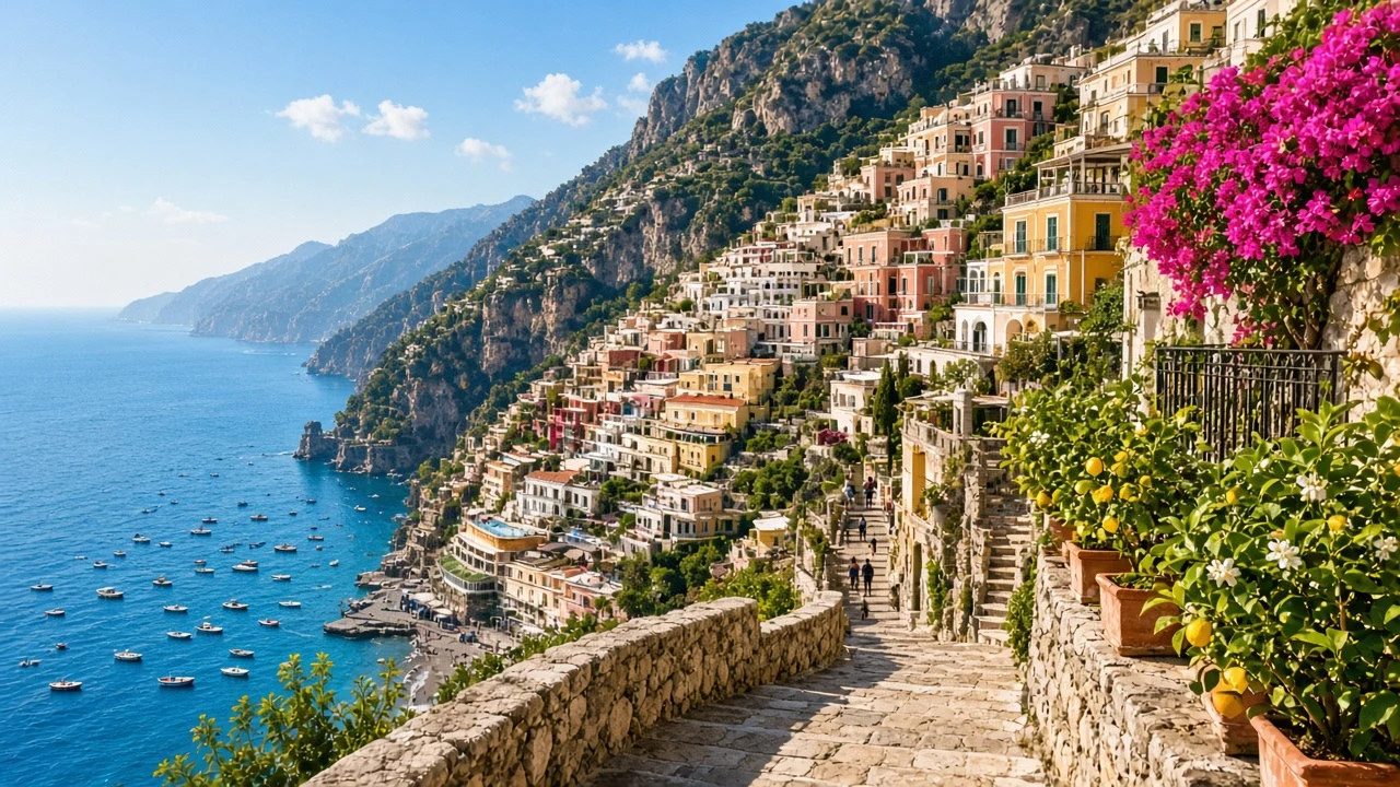 Sunlit Amalfi Coastline Stacking Pastel Architecture