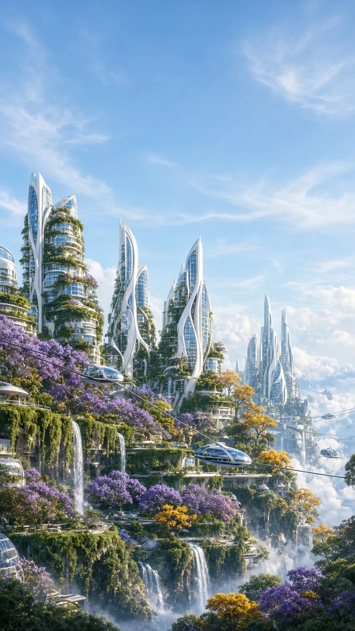 Vertical Solarpunk Sky-Gardens and Transit Towers