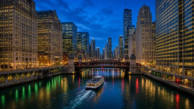Chicago River Architectural Canyon at Twilight