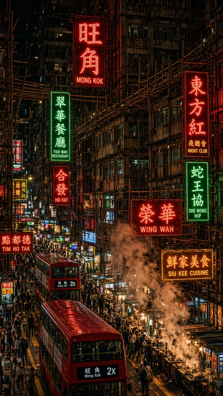 Neon Signs and Bamboo Scaffolding in Mong Kok