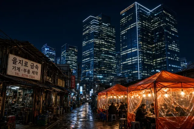 Euljiro Alleys Beneath Mirrored Corporate Glass