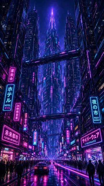 Neon Skyscraper Chasm Looking Toward Clear Night Sky