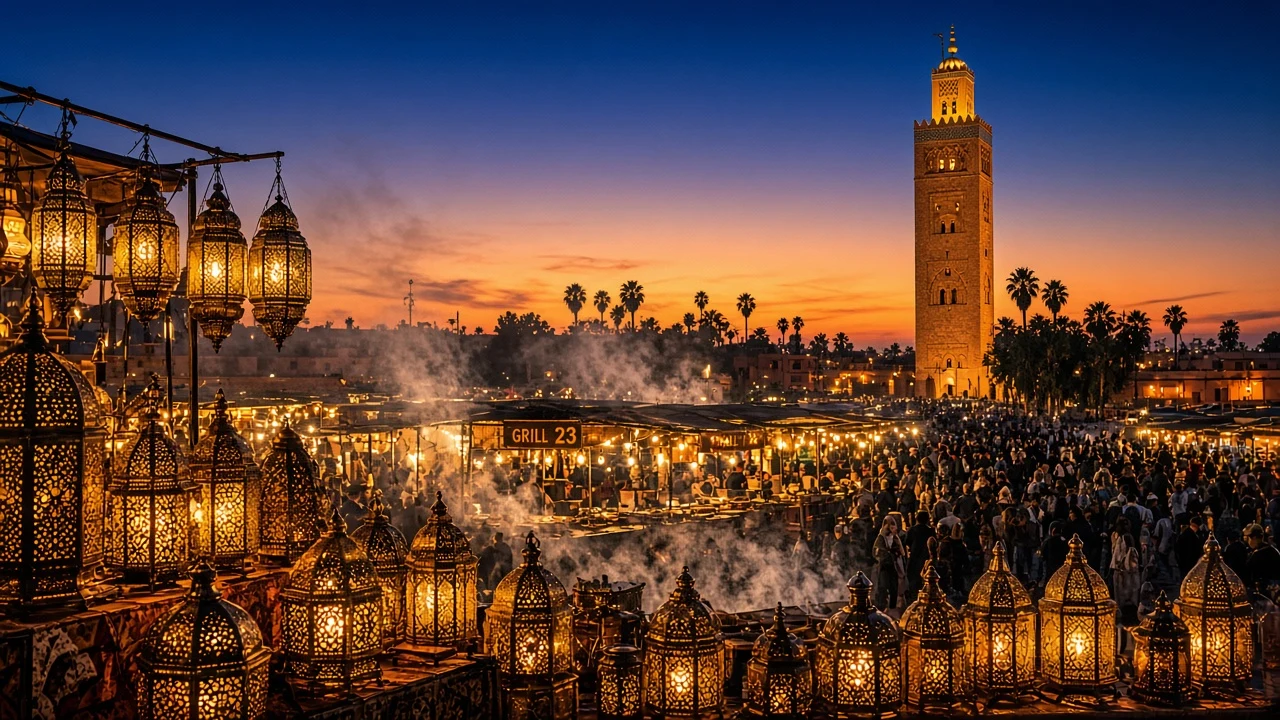 Jemaa el-Fnaa Lantern Market at Golden Twilight