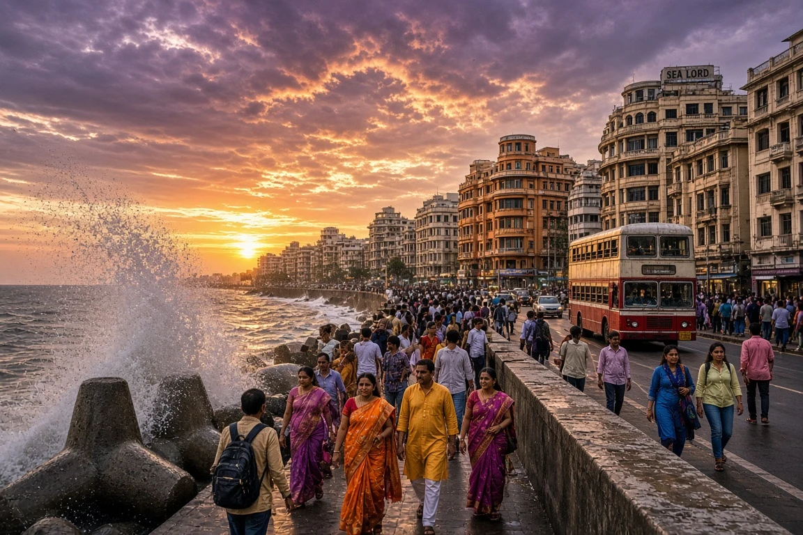 Marine Drive Promenade at Sunset Monsoon Glow