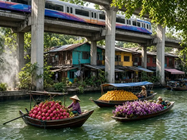 Floating Market Life Beneath Elevated Skytrain Tracks