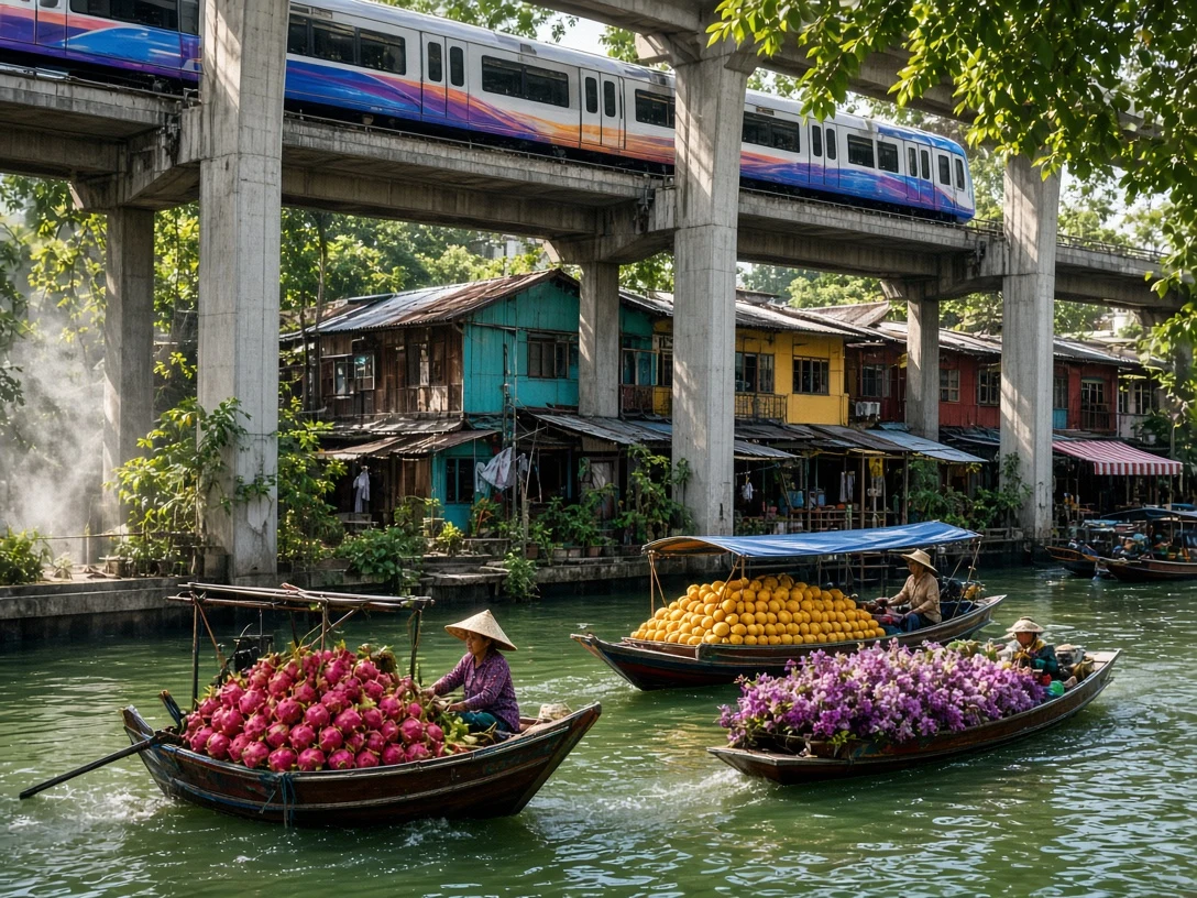 Floating Market Life Beneath Elevated Skytrain Tracks