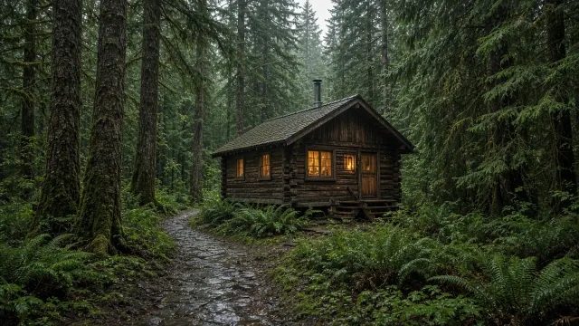 Forest cabin after rain