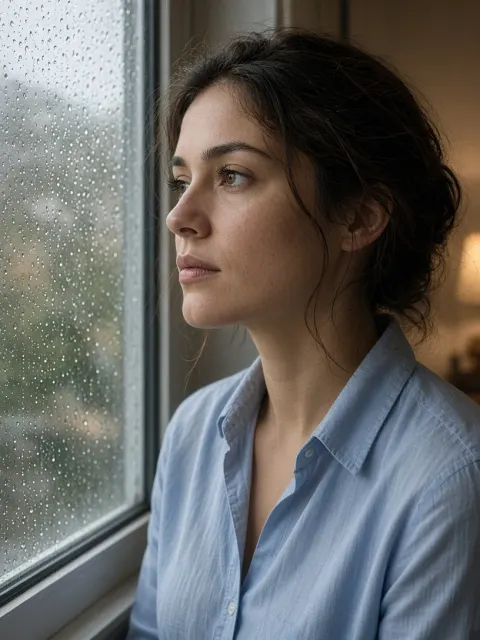 Portrait beside rainy glass