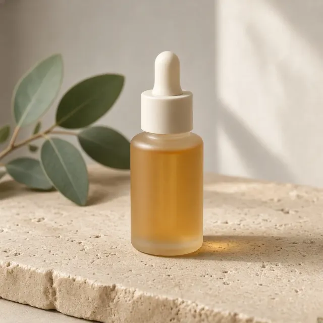 Creative brief image example: Serum on warm travertine