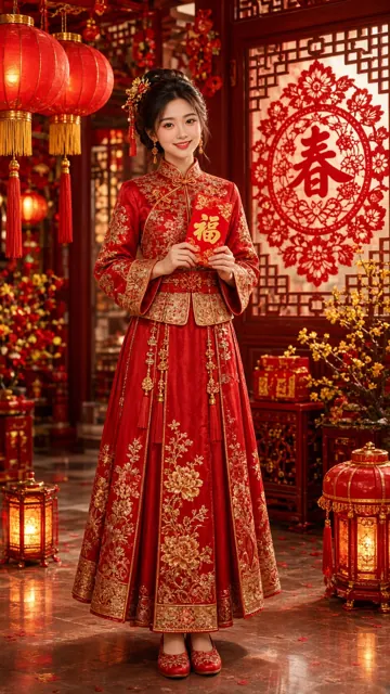 人物 image example: 春节红色刺绣服饰的中国女孩写真